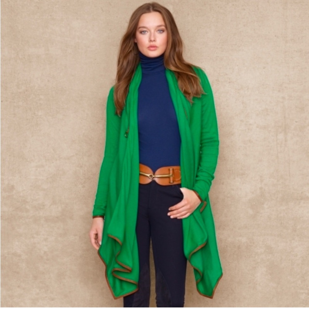 Polo Ralph Lauren Blue Label Green Long Sleeve Sweater Wrap Leather Trim Size M